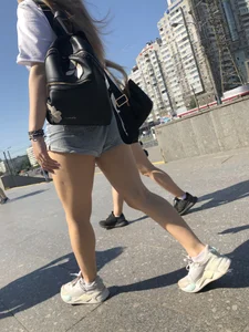 Stocky Girls in Denim Shorts on the Street Stairs Nice Legs Candid Photos