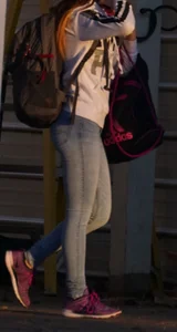 Girl next door teen walking to car in various tight jeans