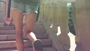 Flat Ass in Jean Shorts And Slim Legs - Low Angle Creepshot of a Candid Girl Walking Up the Stairs