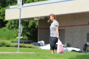 Thick girl out walking in black leggings