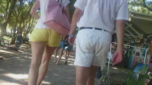 Milf in yellow shorts with vpl and a wedgie