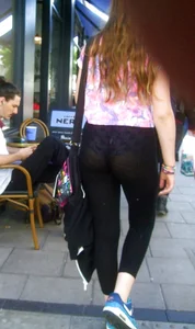 See through leggings girl with a nice ass and purple patterned panties
