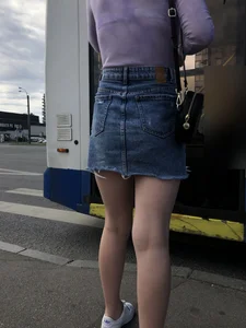 Hot Pale Candid Legs in Blue Denim Skirt on the Crosswalk Street Creepshots