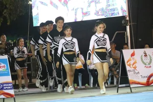 Bunch of athletic Thai cheerleaders at a competition