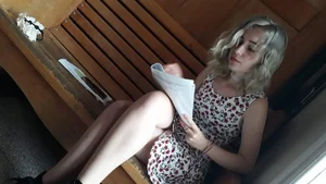 Incredibly Cute Young Blonde Candid Girl in a Dress Reading a Book With Her Legs Crossed Creepshot