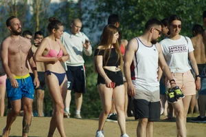 Skinny Girl in Swimsuit and Her Chubby Friend Walking on the Beach Candids