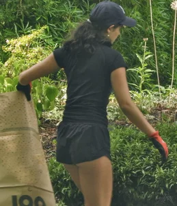 Brunette gardener in shorts bends over… and over as she works [085]