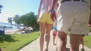 Milf in yellow shorts with vpl and a wedgie