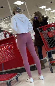Blonde in pink leggings, long legs and nice booty