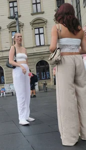 Long blonde braless in a white outfit (many pictures)