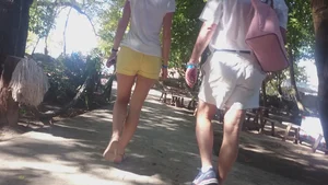 Milf in yellow shorts with vpl and a wedgie