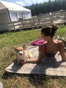 Gorgeous Skinny And Fit Girl in Red Swimsuit Lying on the Grass With a Cute Corgi