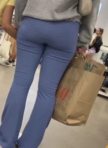 Hot blonde in leggings power blue
