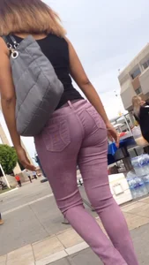 Black babe with a nice ass in tight jeans and vpl