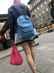 Girl With Skinny Legs in Pahtyhose and a Skirt Walking Down the Stairs Street Candid Gallery