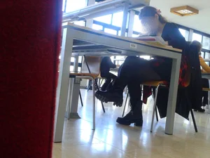Young Candid Girl in Black Pantyhose Working at the Library Creepshots