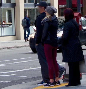 Blonde in tight red leggings and cute ass on the street