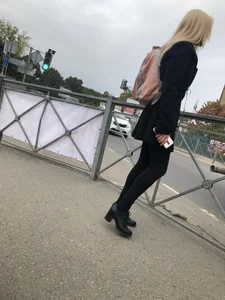 Cute Smoking Hot Blonde in High-Heeled Shoes and Tight Pants on the Crosswalk Candid Photo Collection