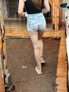 Skinny blonde receiving her order with her cameltoe swallowing her volleyball shorts