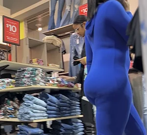 Thick mesmerizing ebony in a tight blue one piece