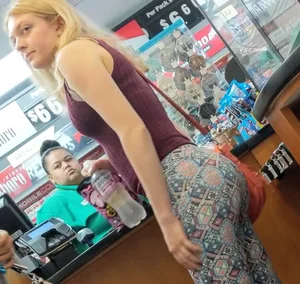 Sexy blonde with a nice ass in unique patterned leggings