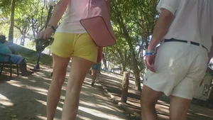 Milf in yellow shorts with vpl and a wedgie