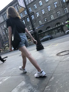 Candid Teen in Denim Shorts And Sneakers With Slim Legs Street Photos