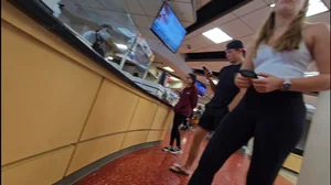NOT OC. Gorgeous college blonde in lunchline. (black leggings)