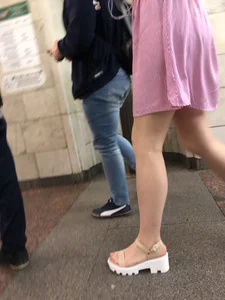 Girl in Sandals and Pink Dress with Hot Skinny Legs Subway Creepshots