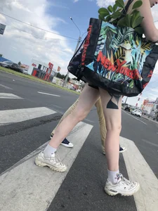 Girl in a Short Dress With Long Pale Fit Tattooed Legs on the Crosswalk Creepshots