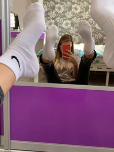 Girl in White Socks Showing Off Feet Bedroom Mirror Selfie