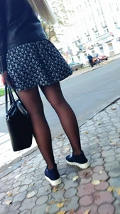 Street Sexy Candid Girl in Black Pantyhose and Skirt with Skinny Legs