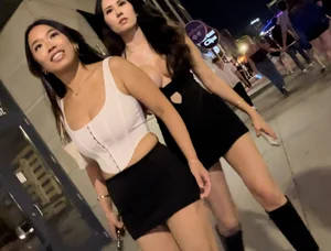 Bimbo trio helping w/directions - the tallest one has NICE (probably) fake tits! [oc]