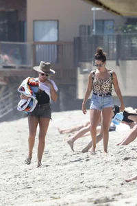 Ashley Tisdale in cheetah print swimsuit on the beach in Malibu