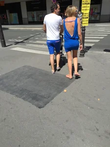 Blonde milf in tiny blue skirt with vpl