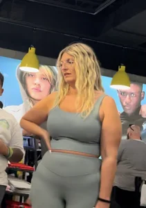 Plump Dumpy Blonde MILF in turquoise two-piece Spandex