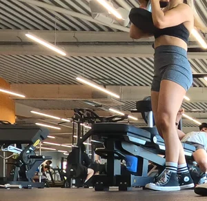 Cute gym blonde with orange hair ribbon