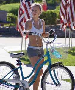 Sexy hot blonde in tight grey spandex shorts with amazing body