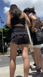 Skinny Chinese in lululemon shorts, leggy