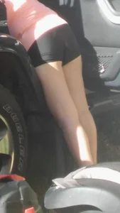Chubby Legs And Booty in Spandex Shorts - Milf Bending Over Her Car Creepshots