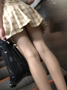 Cute Blonde Candid Girl in a Skirt Flashing Panties on a Subway Escalator Photos