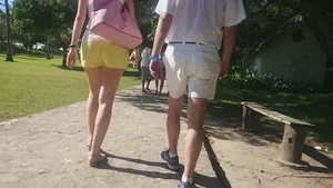 Milf in yellow shorts with vpl and a wedgie