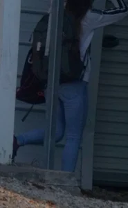 Girl next door teen walking to car in various tight jeans