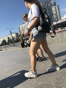 Stocky Girls in Denim Shorts on the Street Stairs Nice Legs Candid Photos