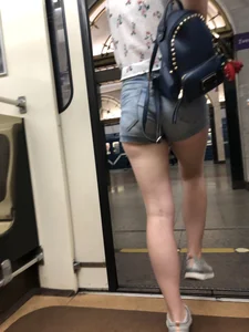Cute And Slightly Awkward Tall Teen Girl in a Top and Denim Shorts Subway Train Candid Photos