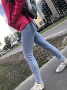 Perfect Skinny Ass and Legs in Tight Blue Jeans Creepshots Series at a Crosswalk