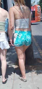 Two pretty blondes, short shorts, nice legs, (laughing)