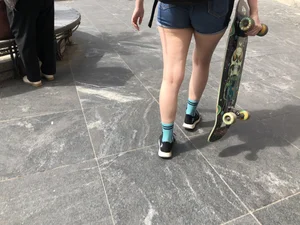 Hot chunky skater girl wearing denim shorts