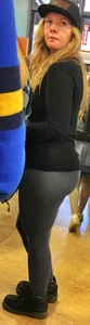 PAWG blonde in grey leggings while shopping