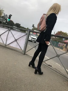 Cute Smoking Hot Blonde in High-Heeled Shoes and Tight Pants on the Crosswalk Candid Photo Collection
